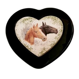 Black Plastic Heart Shaped Trinket Box with Ceramic Inset of Horses